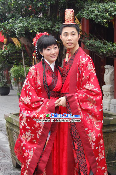 Genuine Chinese Wedding Hanfu Two Sets for Bride and Groom