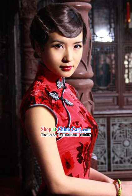 Chinese Tang Red Rose Cheongsam