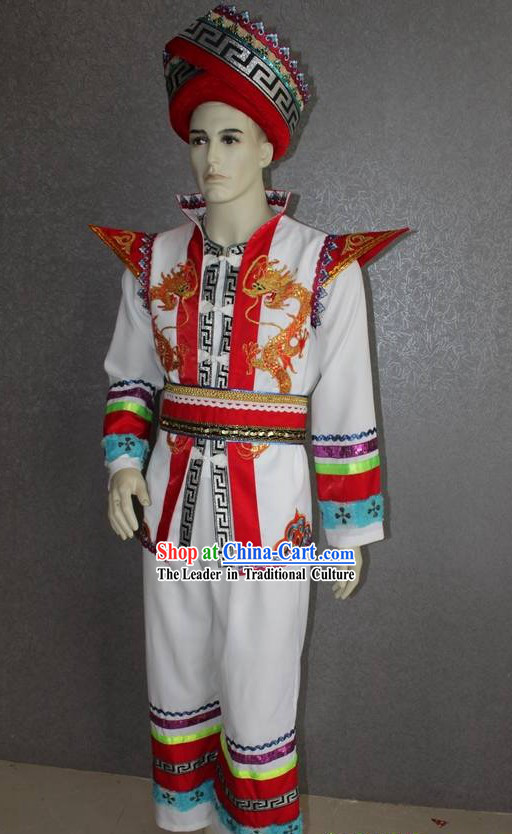 Chinese Ethnic Zhuang Minority Dragon Clothing and Hat for Men