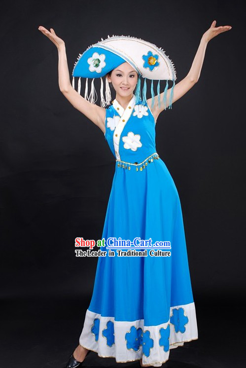 Chinese Folk Dance Costumes and Hat for Women