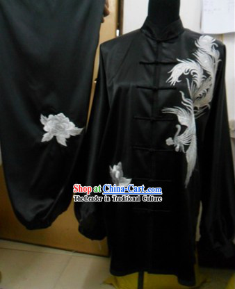 Chinese Embroidered Phoenix Black Silk Kung Fu Dress