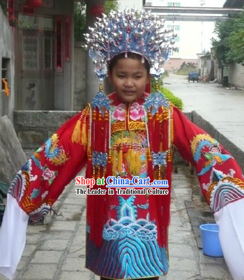 Chinese Peking Opera Embroidered Phoenix Robe and Coronet for Kids