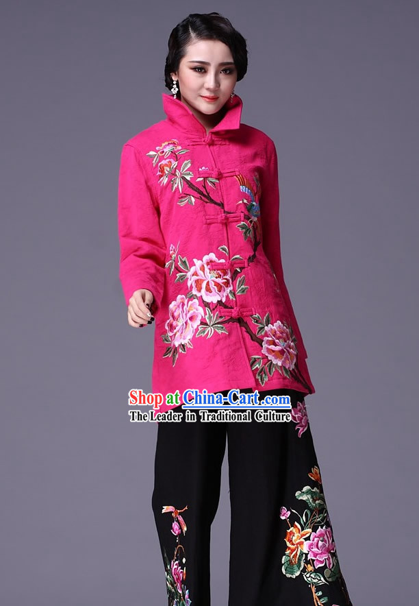 Chinese Classic Embroidered Flower Jacket and Pants for Women