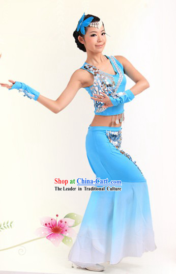 Blue Chinese Dai Ethnic Dance Costumes for Women