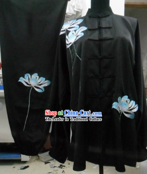 Black Silk Lotus Embroidery Tai Chi Uniform for Women