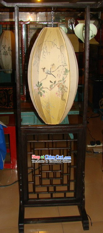 Chinese Classic Handmade and Painted Silk Wood Bird Flower Floor Lamp