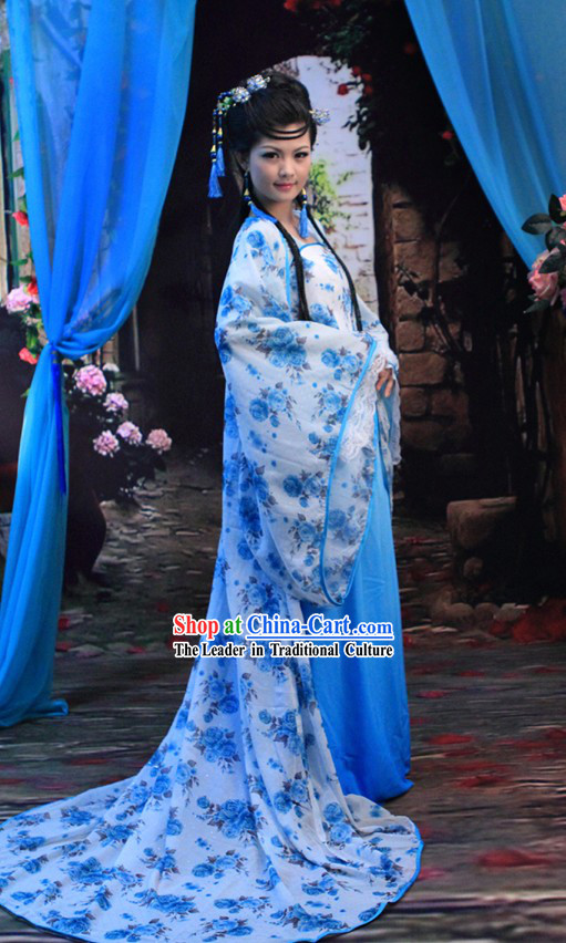 Traditional Chinese Blue Flower Hanfu Clothing for Women