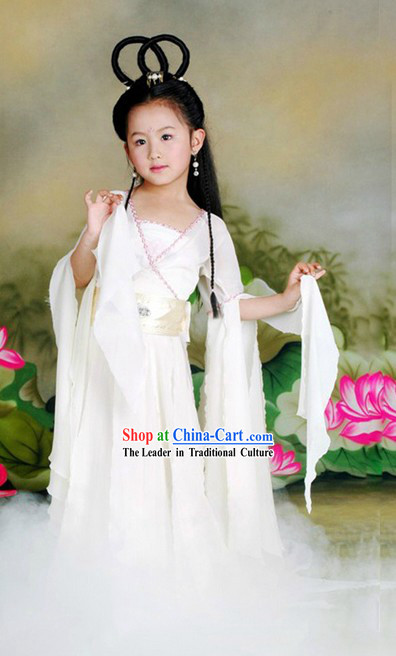 Ancient Chinese Xiao Long Nv White Fairy Costume and Wig for Children