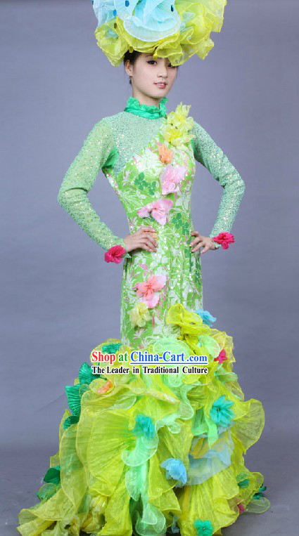 Chinese Stage Performance Flower Dance Costume and Headpiece Complete Set