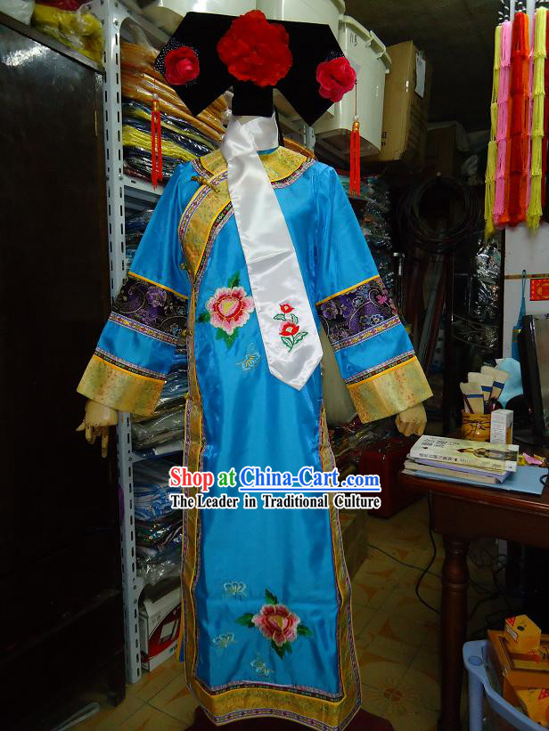 Ancient Chinese Palace Blue Costume and Hat Complete Set