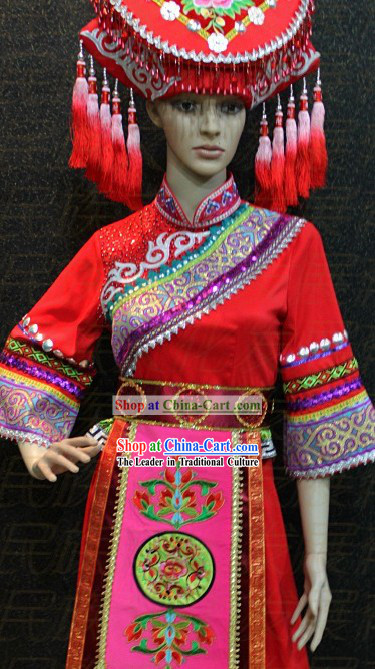 Chinese Zhuang Ethnic Clothing and Hat for Women