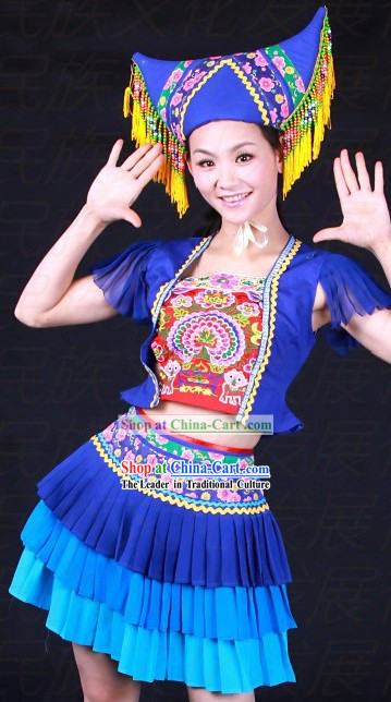 Chinese Zhuang Ethnic Dance Costumes and Hat for Women