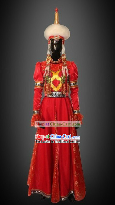 Traditional Chinese Mongolian Wedding Dress and Hat Complete Set for Women