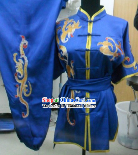 Chinese Classical Blue Embroidered Phoenix Tail Tai Chi Uniform