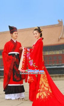 Ancient Chinese Golden Phoenix Hanfu Wedding Dresses Two Complete Sets for Men and Women