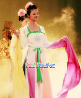 Ancient Chinese Long Water Sleeves Lotus Dance Costumes and Hair Accessories for Women