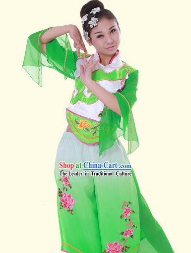 Traditional Chinese Green Fan Dance Costumes and Headpieces for Women