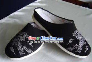 Traditional Chinese Handmade Black Cotton Slippers with Thick Cotton Sole