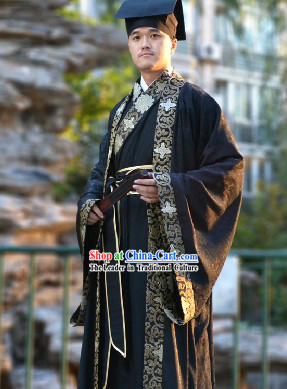 Black Traditional Chinese Outer Robe and Inner Suit and Hat Complete Set for Men