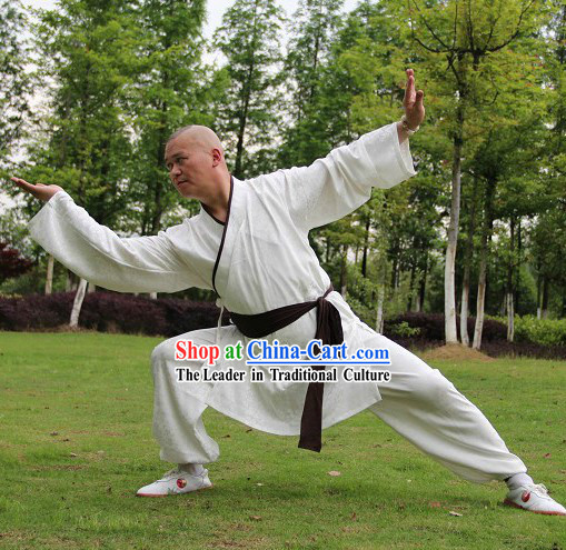 White Traditional Ancient Style Chinese Kung Fu Cotton Uniform for Men