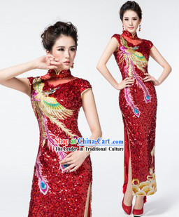 Custom-made Traditional Chinese Red Wedding Phoenix Cheongsam