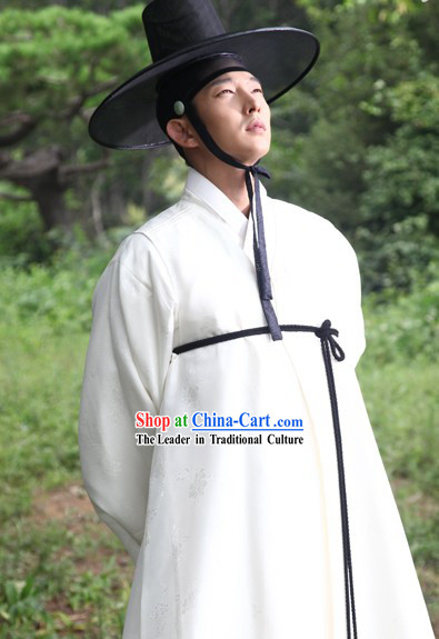 Pure White Ancient Korean Drama Plays Hanbok Costume Complete Set for Men