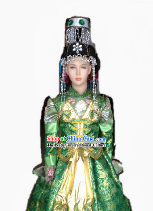 Traditional Chinese Mongolian Wedding Dress and Hat Complete Set