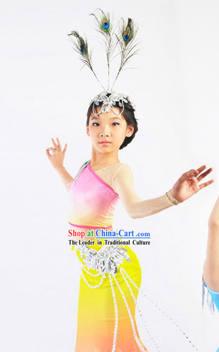 China Tai Ethnic Group Dance Costumes and Headwear Complete Set for Children