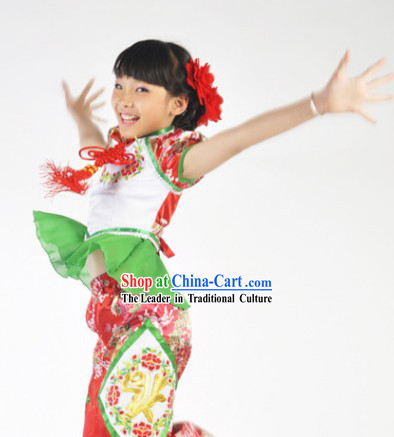 Chinese New Year Dresses Dances Costume and Headdress Complete Set for Children