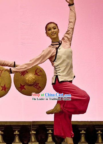 Mandarin Stage Performance Farmer Clothes and Bamboo Hat for Women