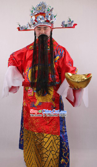 Chinese Lunar New Year Cai Shen Ye Costume Hat Beards Boots