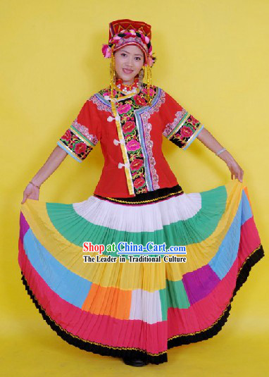 Traditional Chinese Yi People Dance Costume and Hat Complete Set for Women