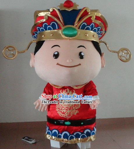 Traditional Chinese Red Cai Shen Suits and Hat Complete Set