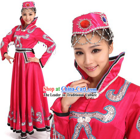 Pink Mongolian Dancing Costumes and Hat for Women