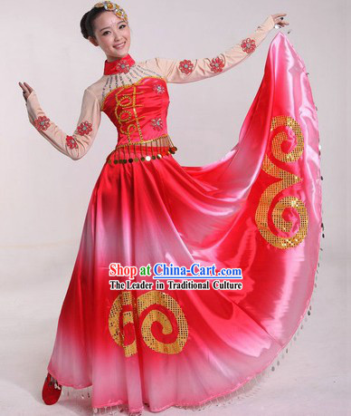 Chinese Classical Stage Performance Dance Skirt Costumes and Headpiece for Ladies