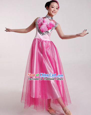 Chinese Pink Chorus and Lotus Dance Costumes and Headpiece for Ladies