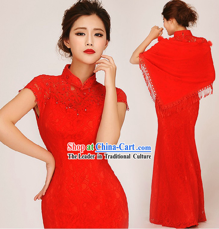 Traditional Red Fish Tail Cheongsam Wedding Dress for Brides