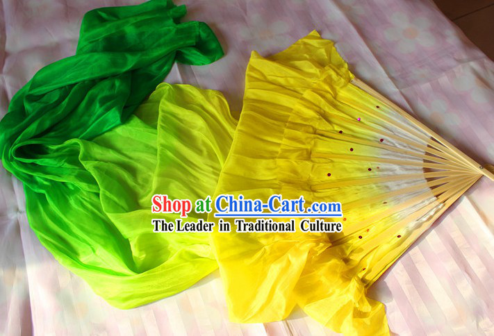Chinese Yellow to Green Colour Transition Long Silk Dance Fan