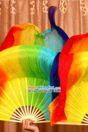 Rainbow Color Transition Long Silk Chinese Dance Fan