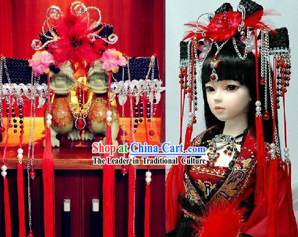 Ancient Chinese Red Bridal Partial Wig and Hair Accessories Complete Set