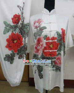 Traditional Chinese White Peony Silk Martial Arts Clothing