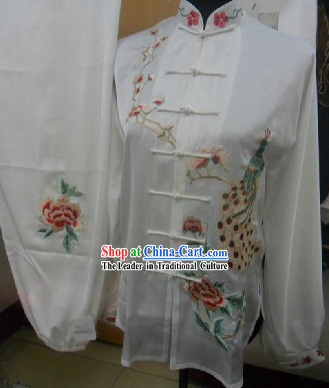 Traditional Chinese White Peacock Embroidery Martial Arts Competition Suit