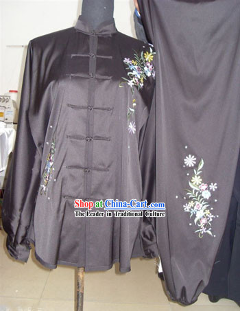 Traditional Chinese Black Long Sleeves Embroidered Flower Martial Arts Dresses