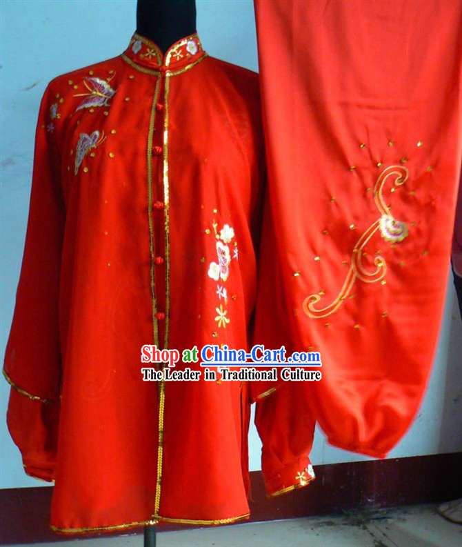 Red Flower Embroidery Martial Arts and Tai Chi Outfit Complete Set for Women