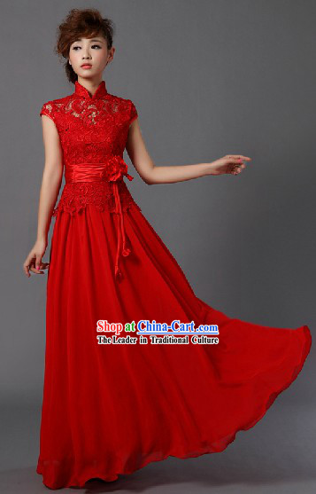 High Collar Chinese Classical Red Wedding Skirt and Hair Accessories for Brides