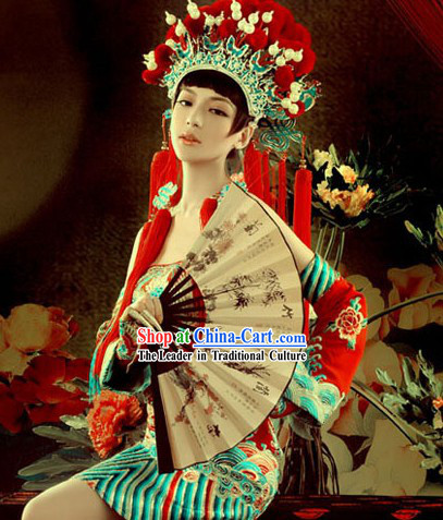 Chinese Peking Opera Phoenix Coronet, Fan and Dragon Robe Complete Set for Women