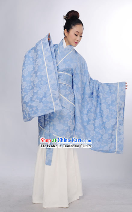 Ancient Chinese Light Blue Flower Hanfu Clothing