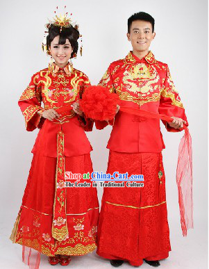 Traditional Chinese Mandarin Style Dragon and Phoenix Wedding Dresses for Brides and Bridegrooms