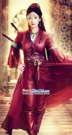 Ancient Chinese Red Swordswoman Knight Costumes