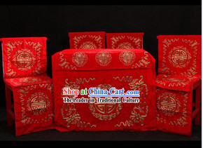 Traditional Chinese Opera Stage Performance Desk and Four Chairs Background